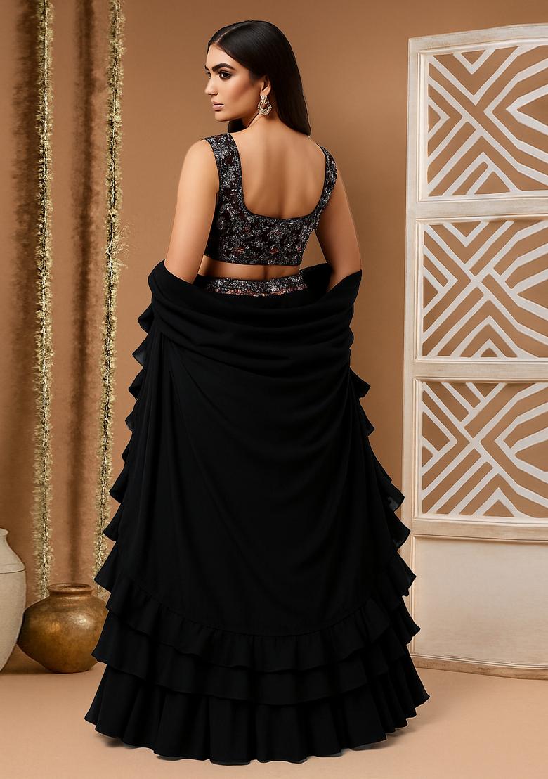 Black Sequin Blouse Georgette Lehenga Set - Indya