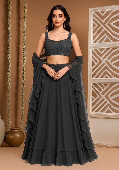 Dark Grey Sequin Blouse Georgette Lehenga Set