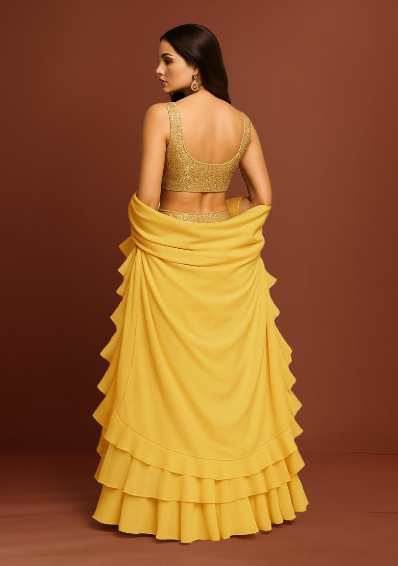 Yellow Sequin Blouse Georgette Lehenga Set - Indya