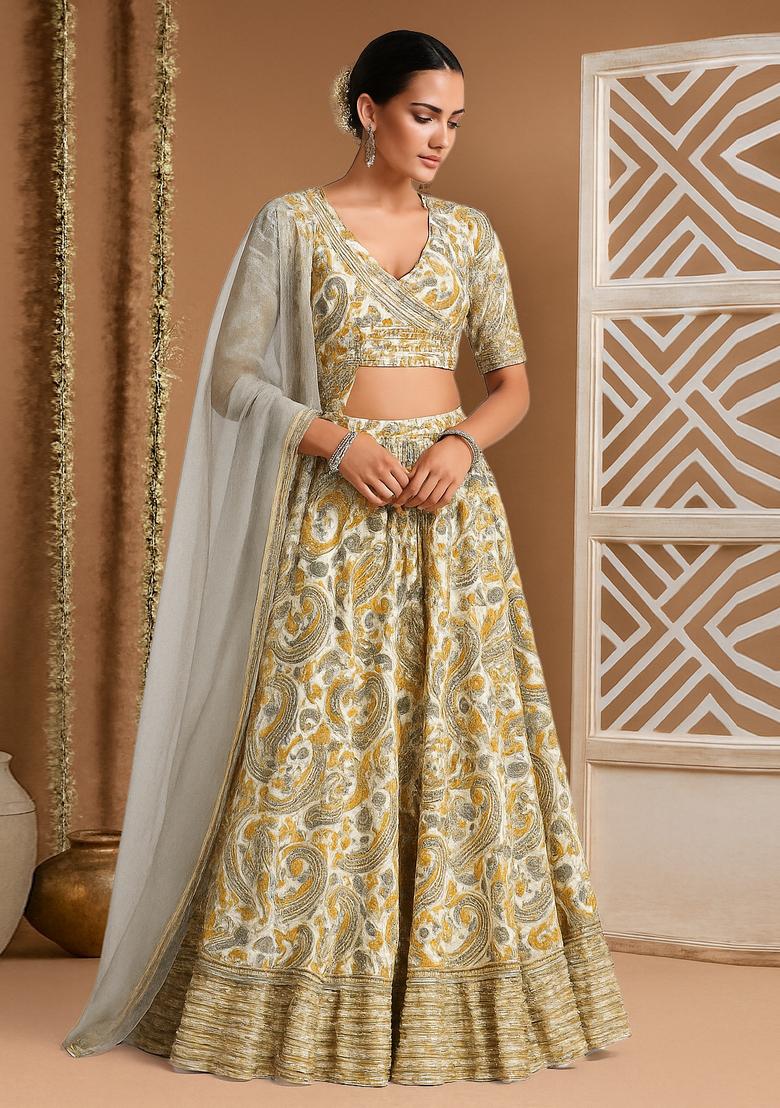 Yellow Printed Crepe Lehenga Set