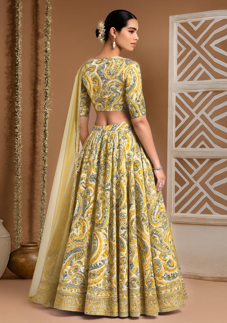Yellow Printed Crepe Lehenga Set - Indya