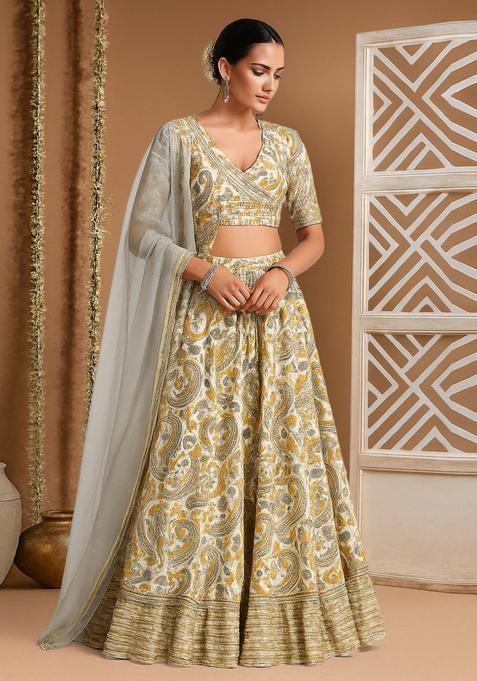 Yellow Printed Crepe Lehenga Set