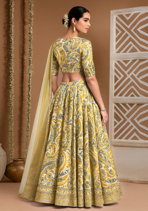 Yellow Printed Crepe Lehenga Set