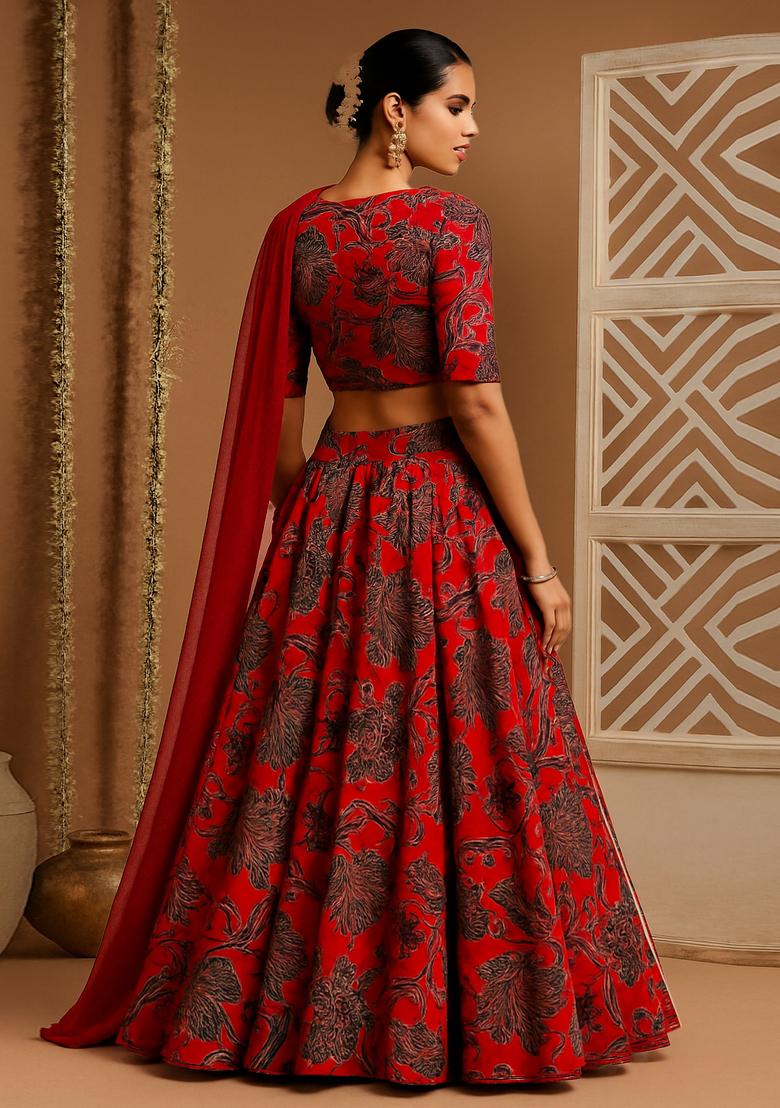 Red Printed Crepe Lehenga Set - Indya