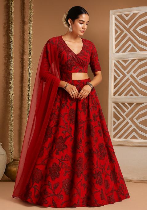 Red Printed Crepe Lehenga Set