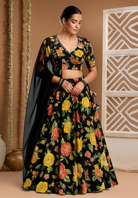 Black Printed Crepe Lehenga Set