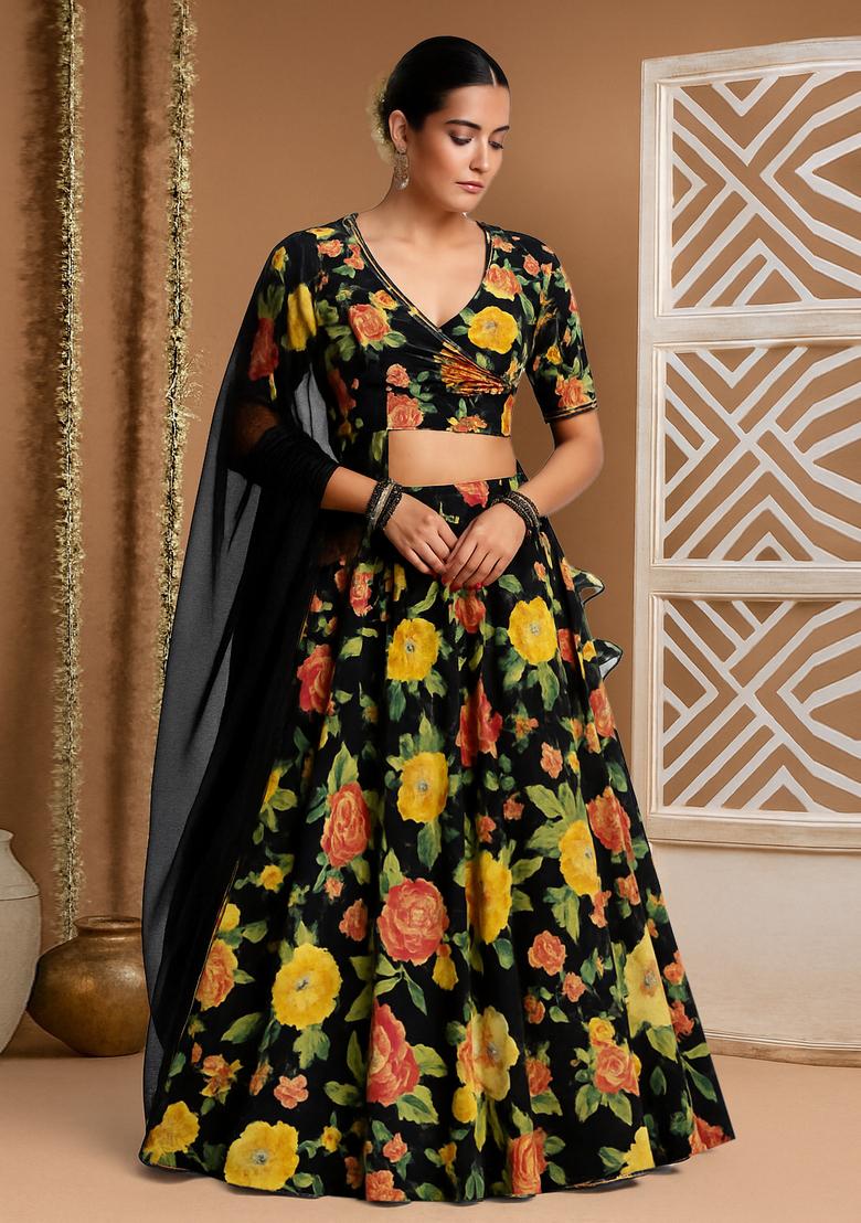 Black Printed Crepe Lehenga Set
