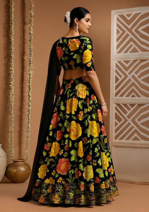 Black Printed Crepe Lehenga Set