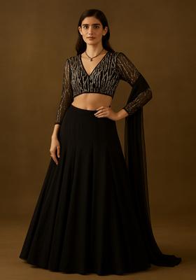 Black Sequin Blouse Georgette Lehenga Set