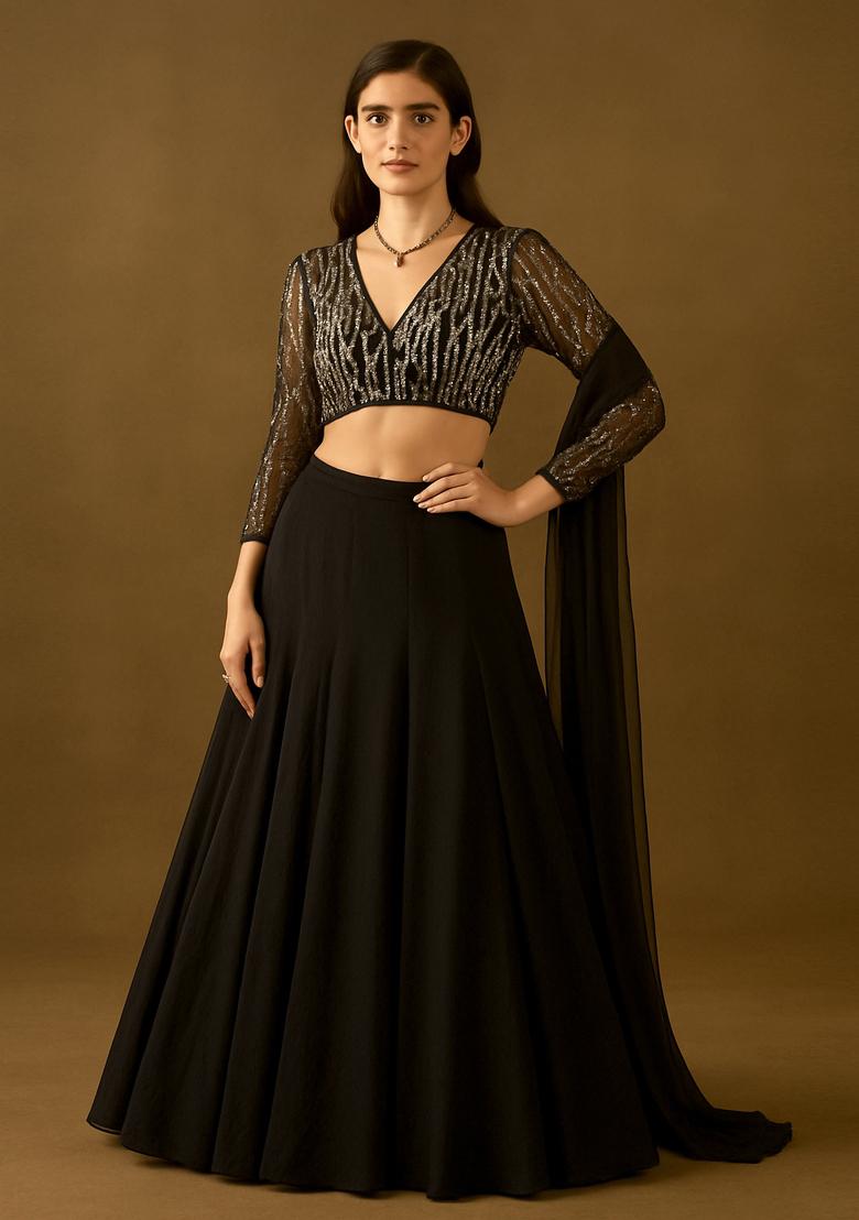 Black Sequin Blouse Georgette Lehenga Set - Indya