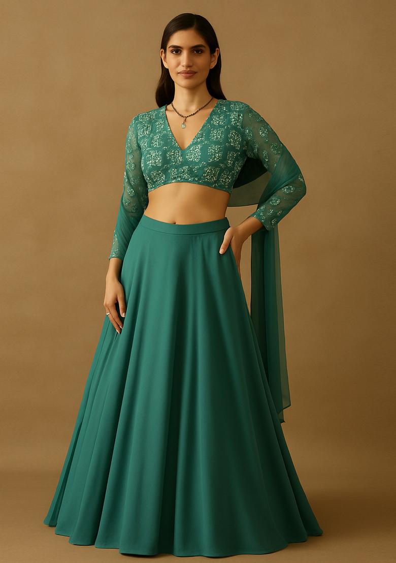 Mint Green Sequin Blouse Georgette Lehenga Set
