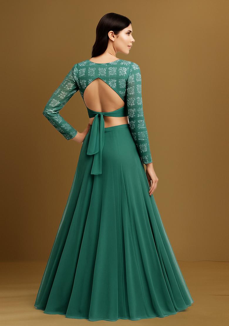 Mint Green Sequin Blouse Georgette Lehenga Set - Indya