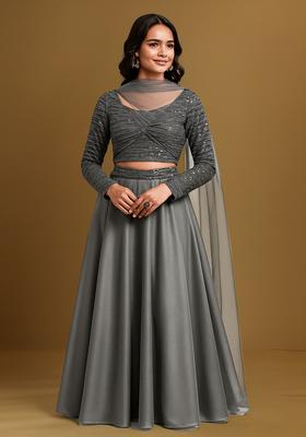 Dark Grey Sequin Blouse Georgette Lehenga Set