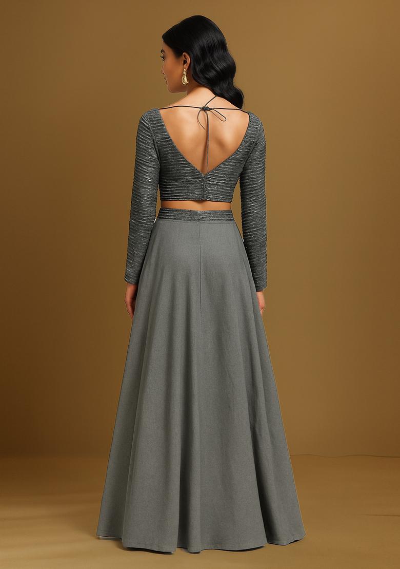 Dark Grey Sequin Blouse Georgette Lehenga Set - Indya