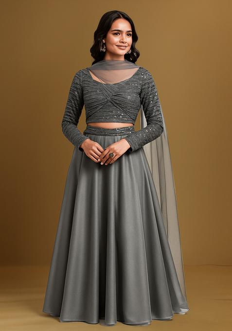 Dark Grey Sequin Blouse Georgette Lehenga Set
