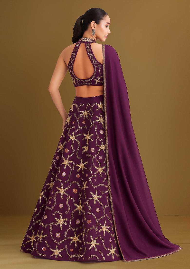 Purple Embellished Georgette Lehenga Set - Indya