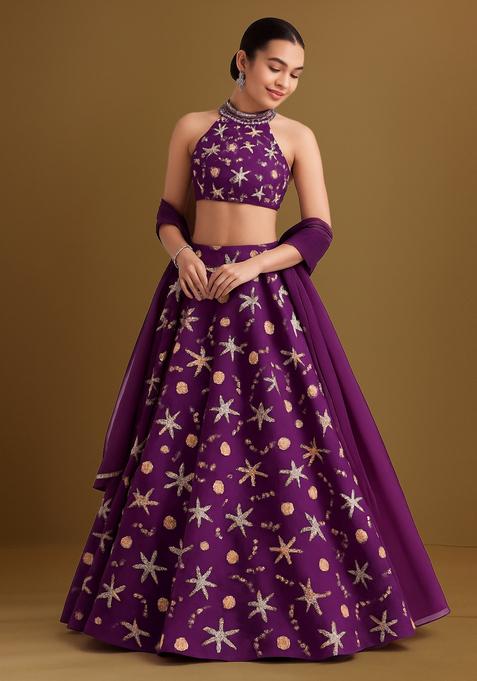 Purple Embellished Georgette Lehenga Set