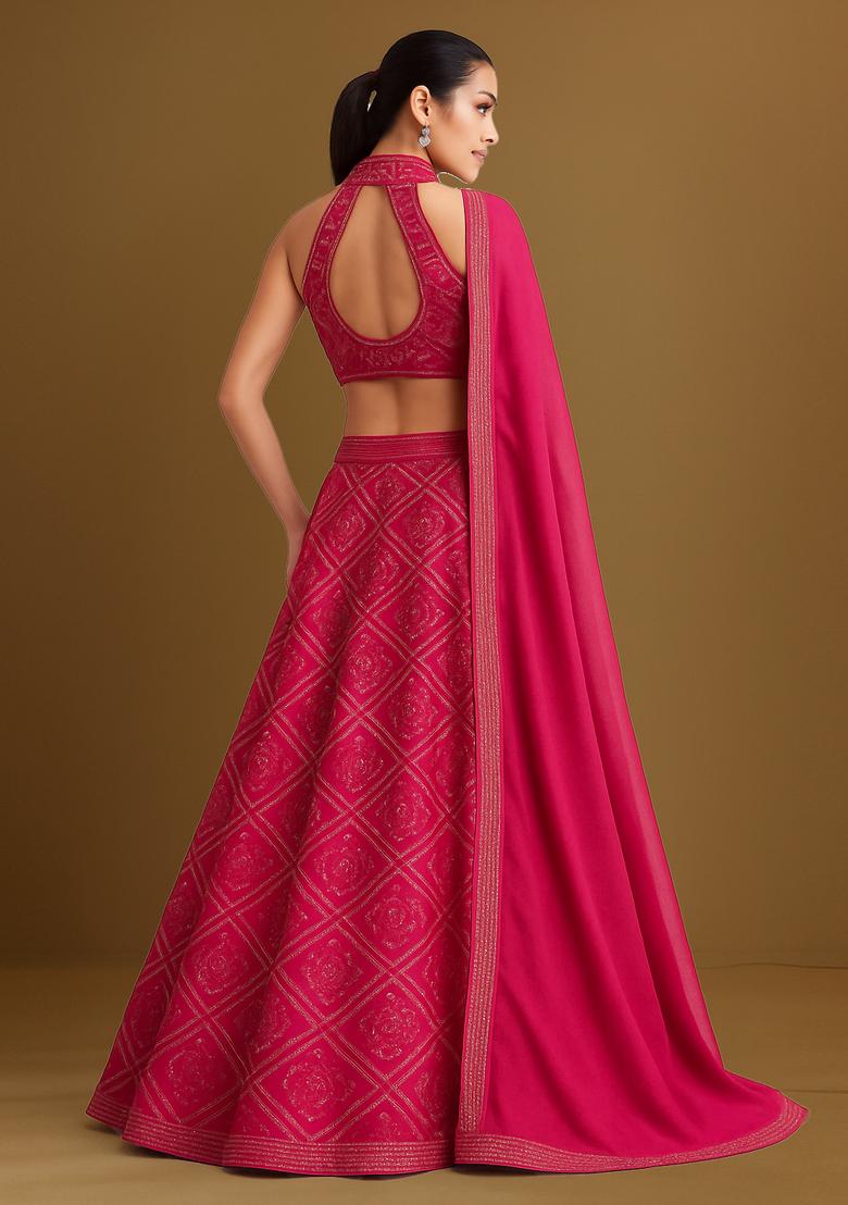 Pink Embroidered Georgette Lehenga Set - Indya