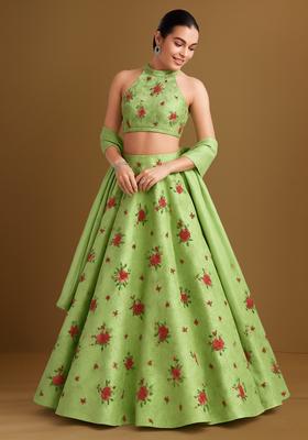 Green Embroidered Silk Lehenga Set
