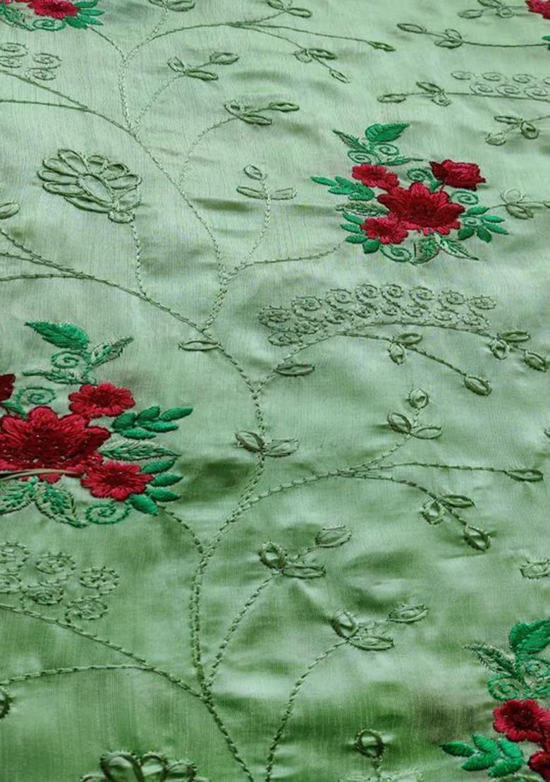 Green Embroidered Silk Lehenga Set - Indya