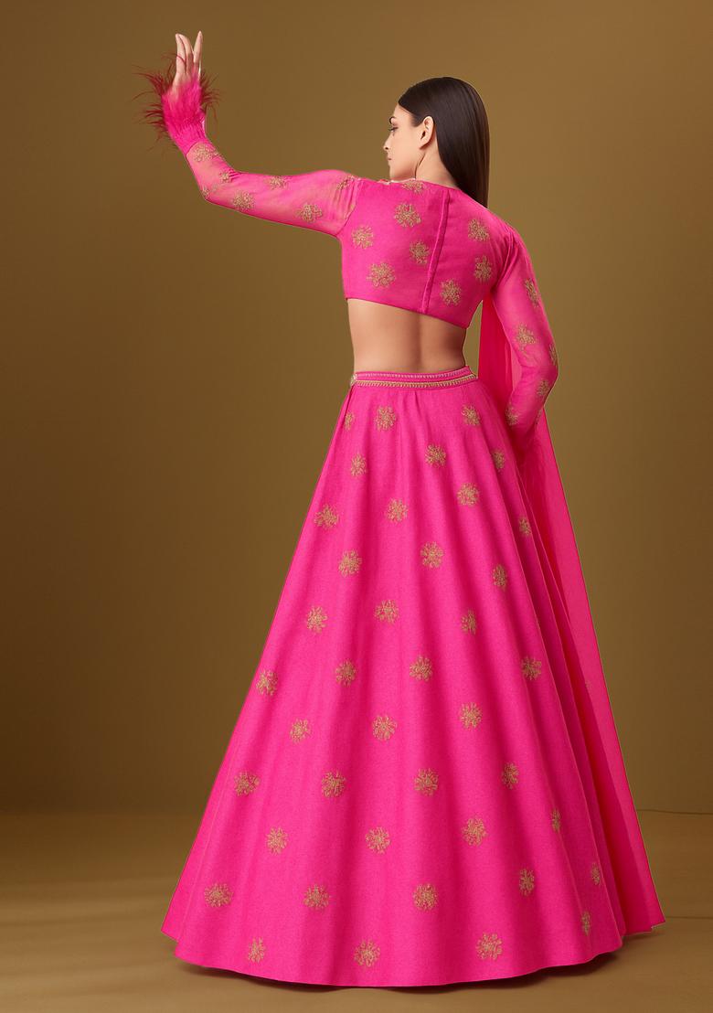 Pink Embroidered Chanderi Lehenga Set - Indya