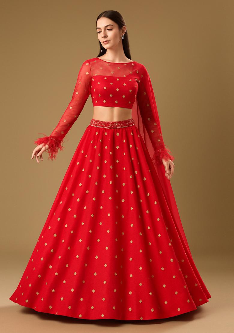 Red Embroidered Polyester Silk Lehenga Set - Indya