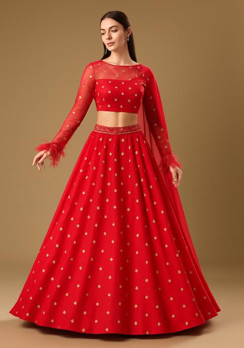 Red Embroidered Polyester Silk Lehenga Set