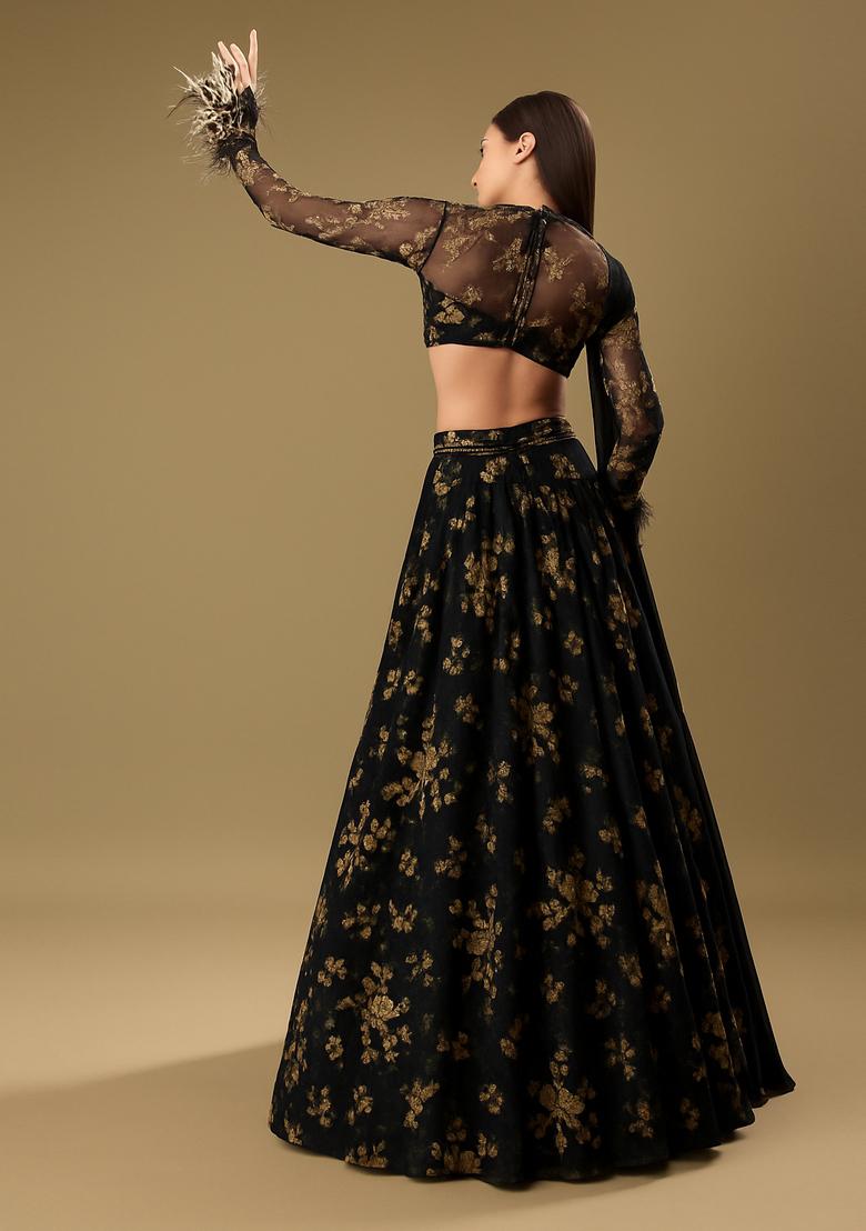 Black Embroidered Net Lehenga Set - Indya