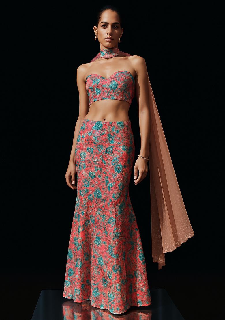 Peach Sequin Embroidered Satin Lehenga Set - Indya