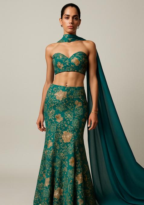 Blue Sequin Embroidered Satin Lehenga Set