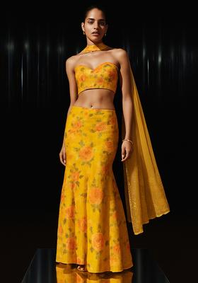 Yellow Sequin Georgette Lehenga Set