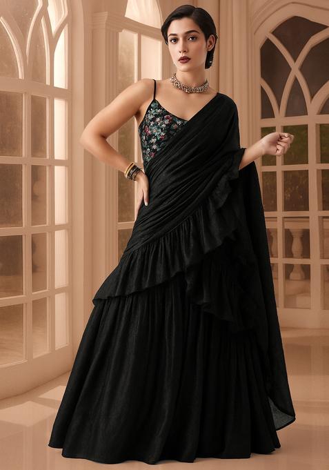 Black Sequin Embroidered Blouse Georgette Lehenga Set