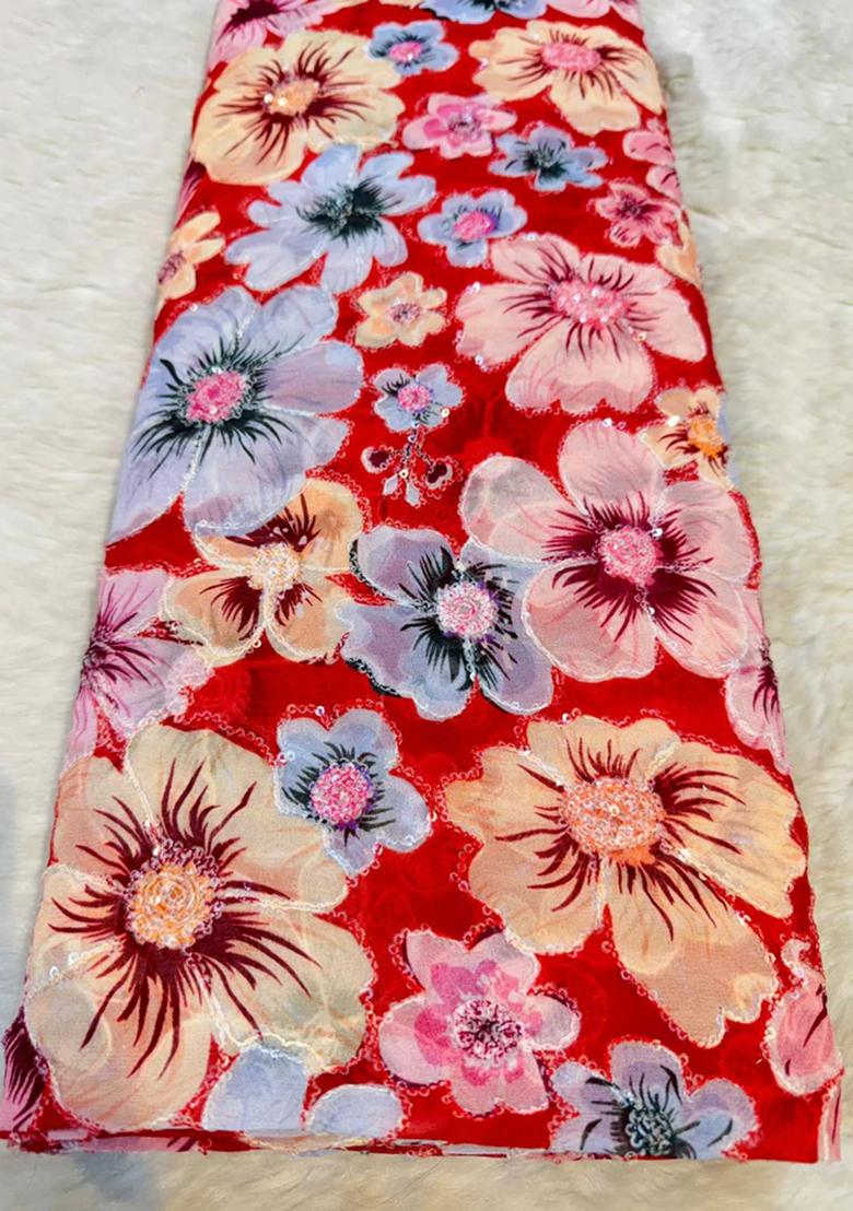 Red Embroidered Blouse Georgette Lehenga Set - Indya