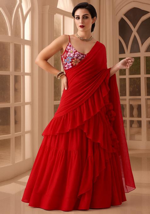 Red Embroidered Blouse Georgette Lehenga Set