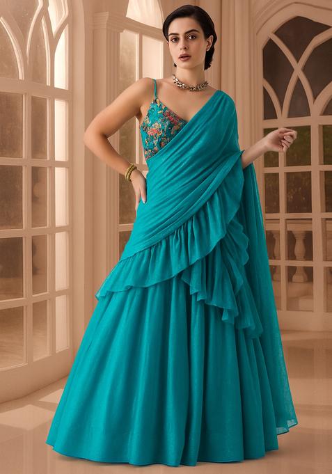 Sky Blue Zari Embroidered Blouse Georgette Lehenga Set