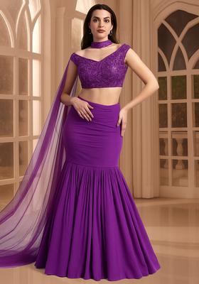 Purple Embroidered Blouse Georgette Lehenga Set
