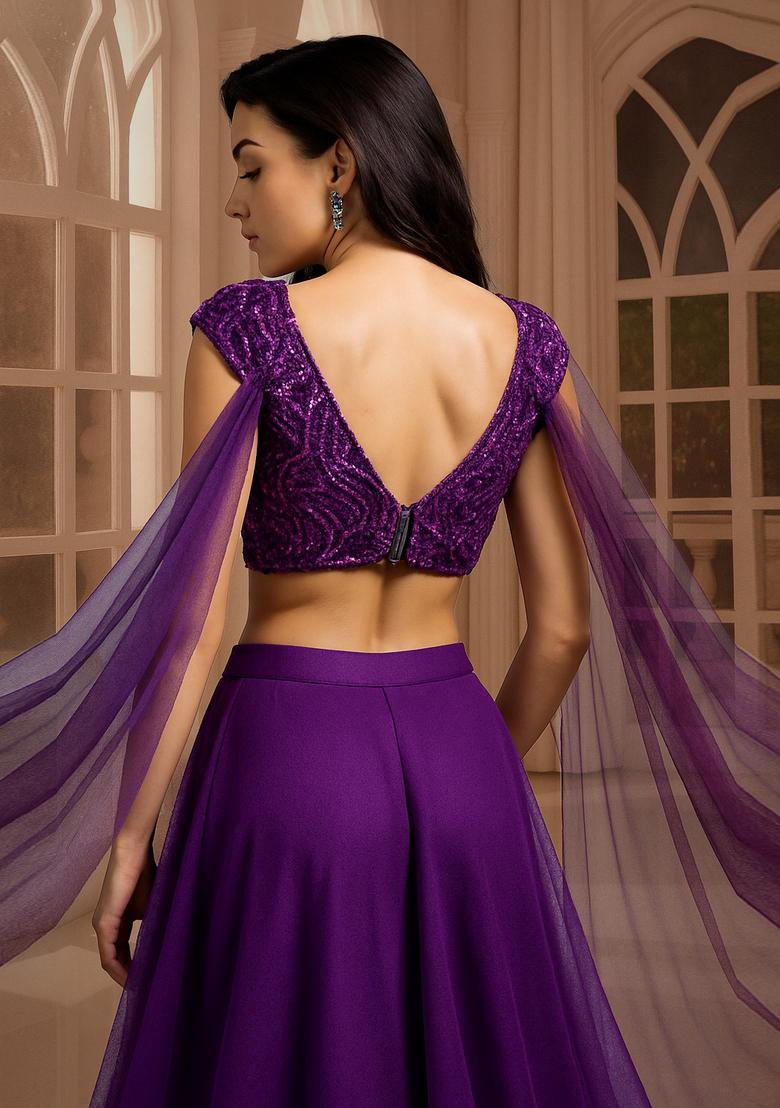 Purple Embroidered Blouse Georgette Lehenga Set - Indya