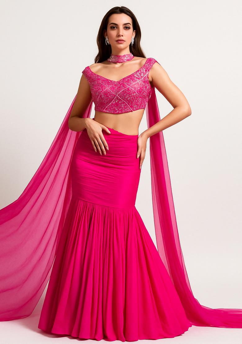 Pink Embroidered Blouse Georgette Lehenga Set