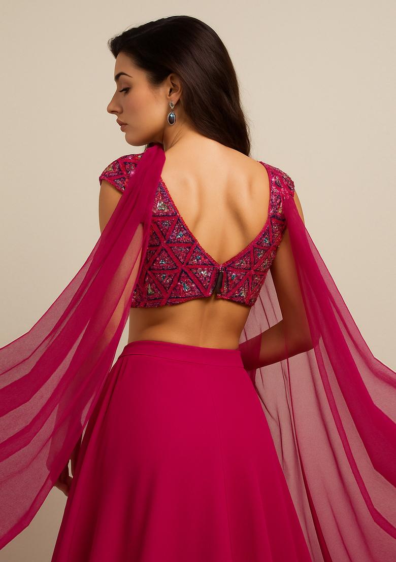Pink Embroidered Blouse Georgette Lehenga Set