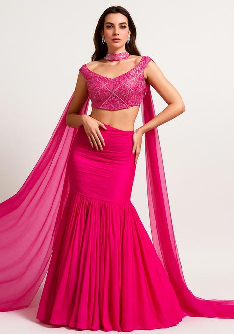 Pink Embroidered Blouse Georgette Lehenga Set