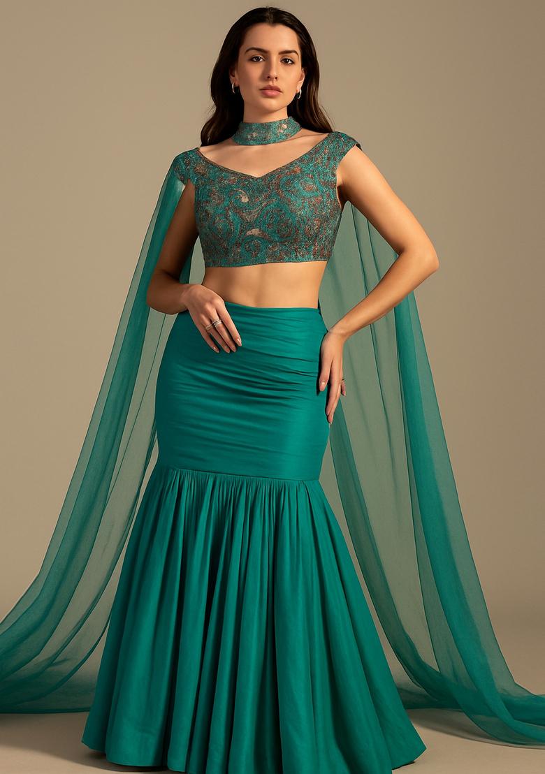 Green Embroidered Blouse Georgette Lehenga Set