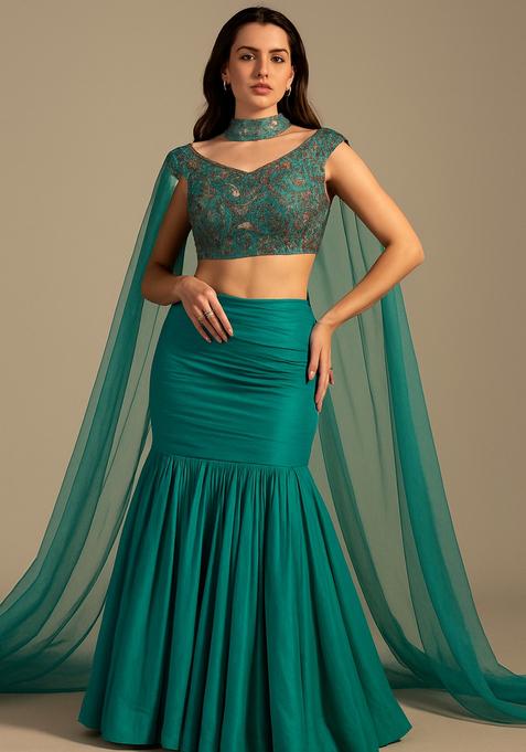 Green Embroidered Blouse Georgette Lehenga Set