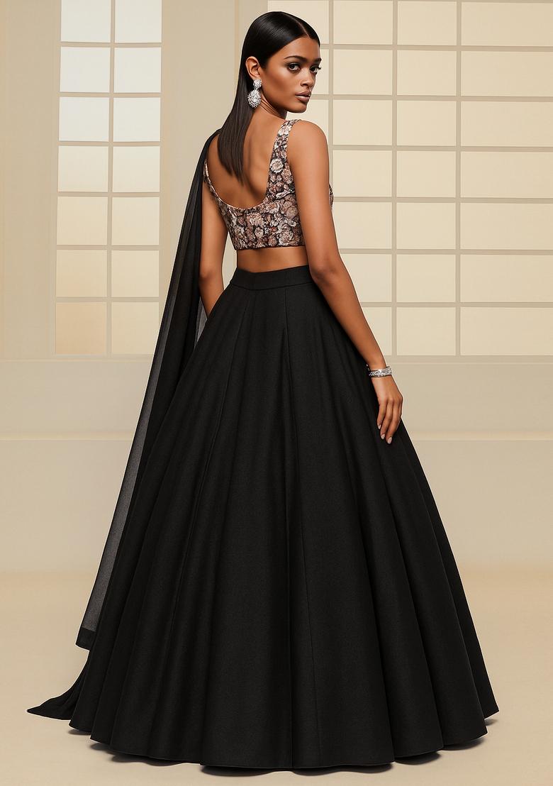 Black Sequin Embroidered Blouse Net Lehenga Set