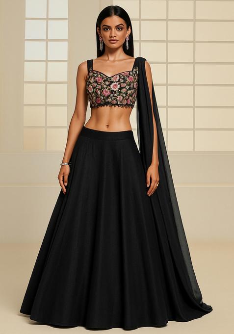 Black Sequin Embroidered Blouse Net Lehenga Set