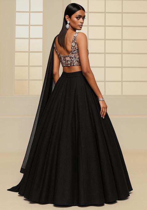 Black Sequin Embroidered Blouse Net Lehenga Set