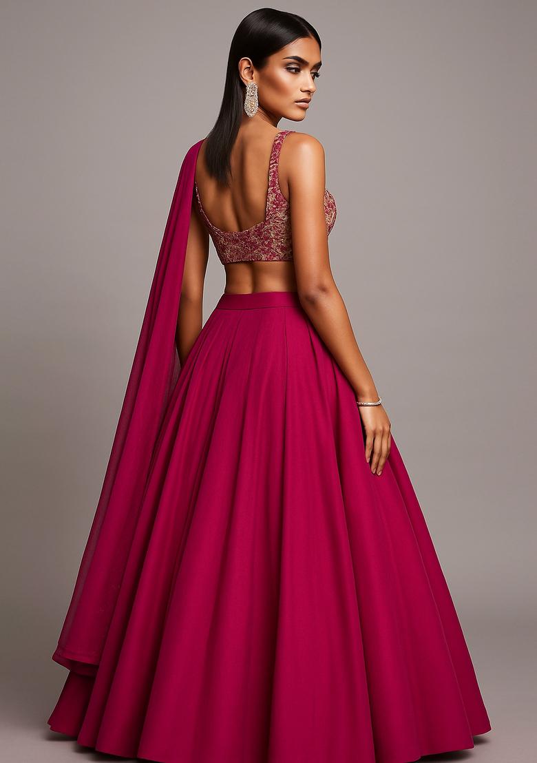 Pink Embroidered Blouse Georgette Lehenga Set - Indya