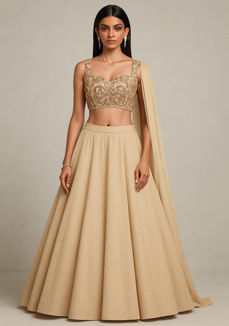 Beige Embroidered Blouse Net Lehenga Set