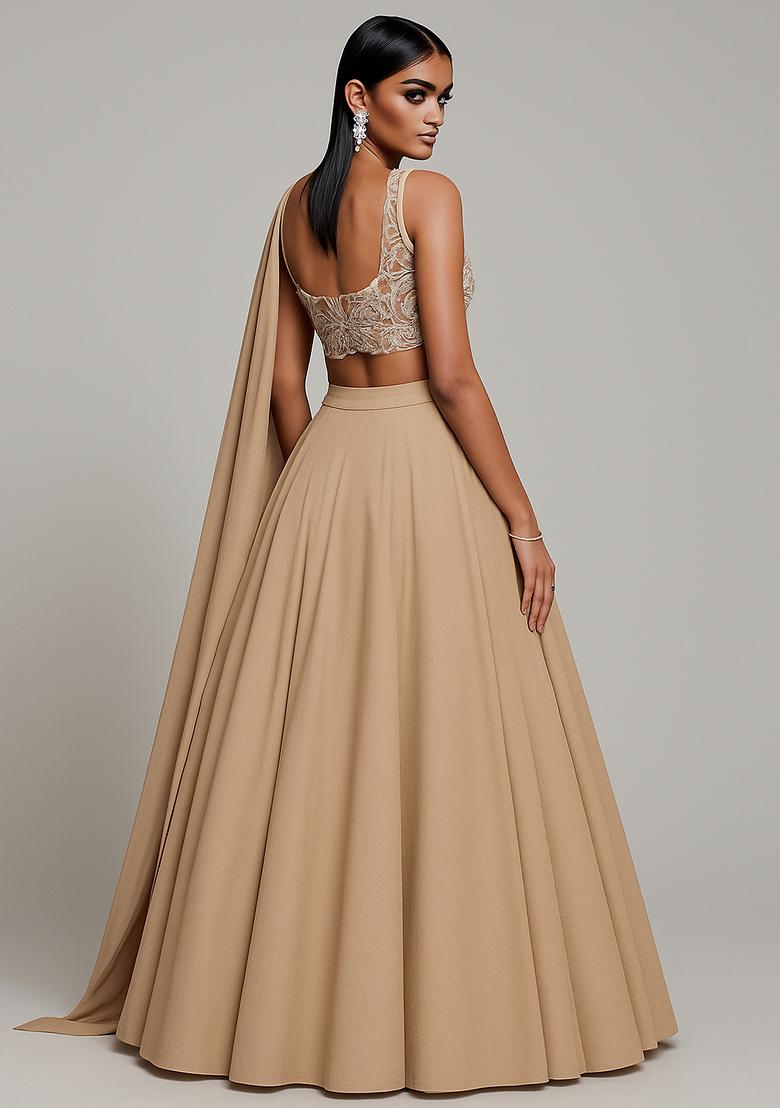 Beige Embroidered Blouse Net Lehenga Set