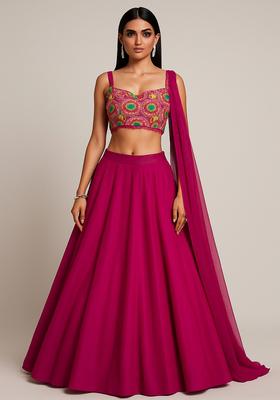 Hot Pink Embroidered Blouse Crepe Lehenga Set