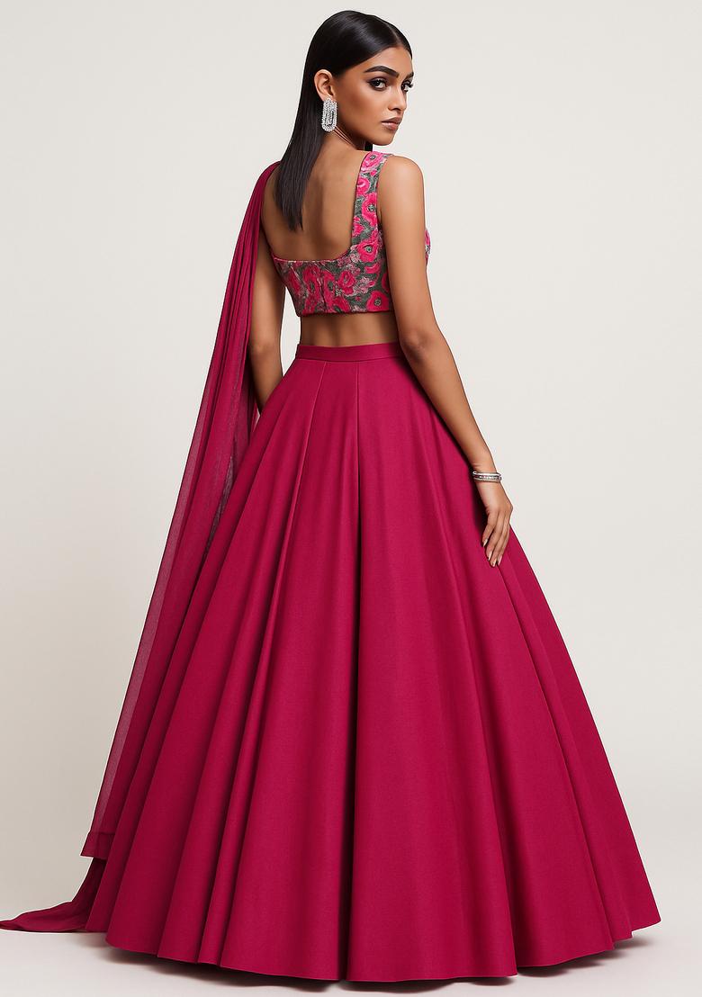 Hot Pink Embroidered Blouse Crepe Lehenga Set - Indya